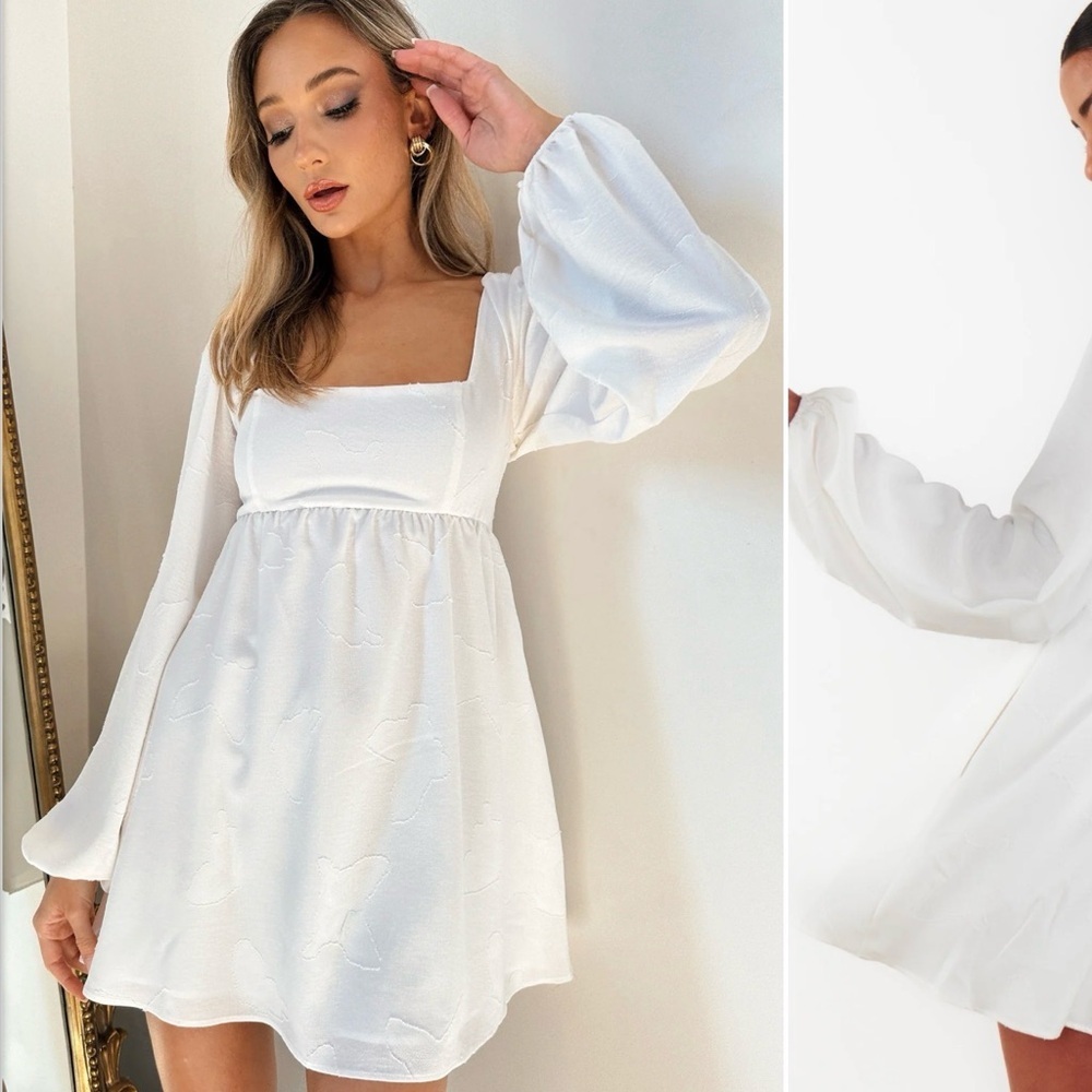 Show Me Your MuMu White Square-Neck Long-Sleeve Mini Dress